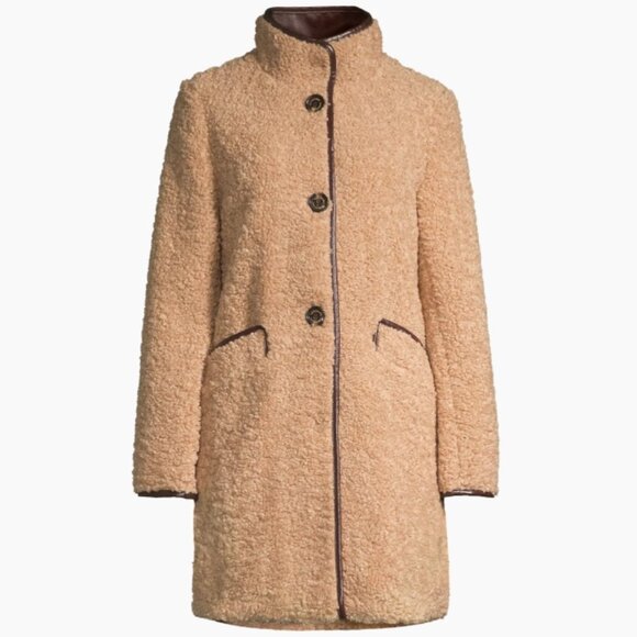 Sam Edelman Womens Tan Faux Fur Teddy Medium Length Winter Coat NWT - Picture 2 of 12